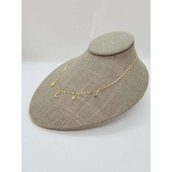 Celestial Necklace - Moon, Pyramid, Blue Crystals - Gold over Sterling Silver - Picture 3 of 5